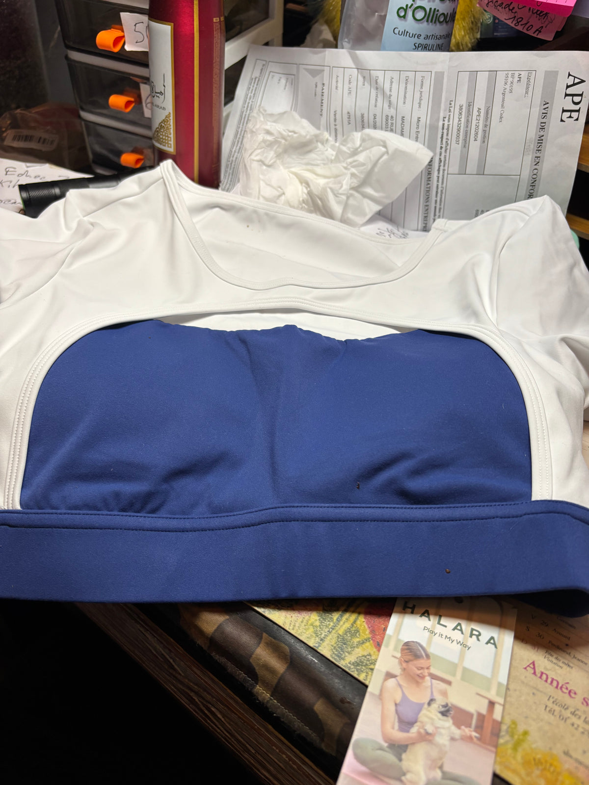 💙 HAUT COURT HALARA BLEU MARINE &amp; BLANC – TAILLE S 💙