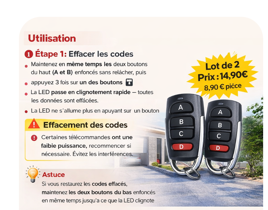 Télécommande universelle  Lot de 2 (Portail / Garage)
