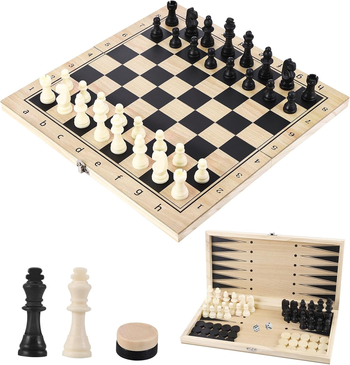 ENSEMBLE ÉCHECS 3-EN-1 EN BOIS – ÉCHECS ♟️ DAMES ⚪⚫ BACKGAMMON 🎲 ✨