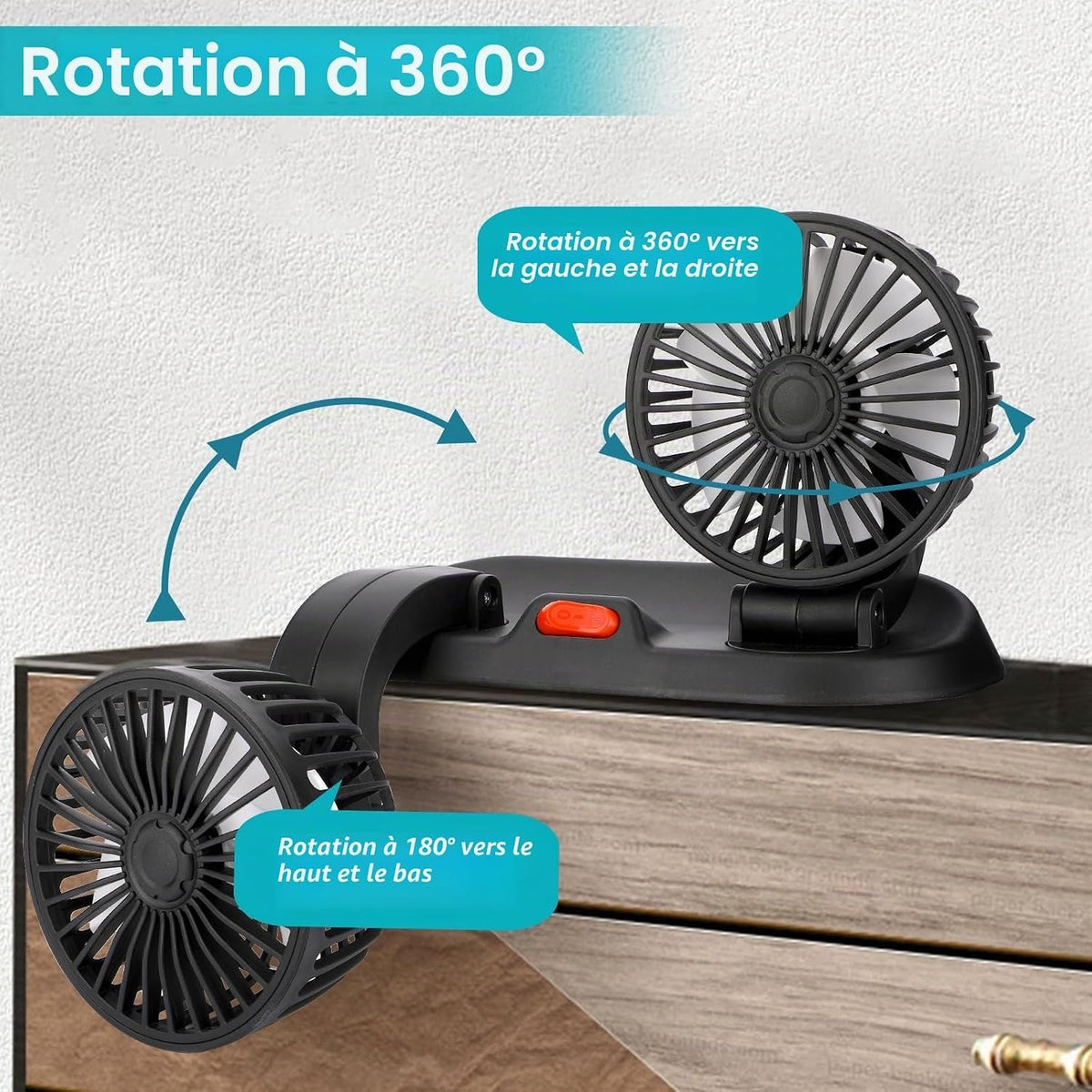 🌬️ Ventilateur USB Double Tête 5V – Voiture, Camping-car, Bureau &amp; Maison – Rotation 360° – 3 vitesses