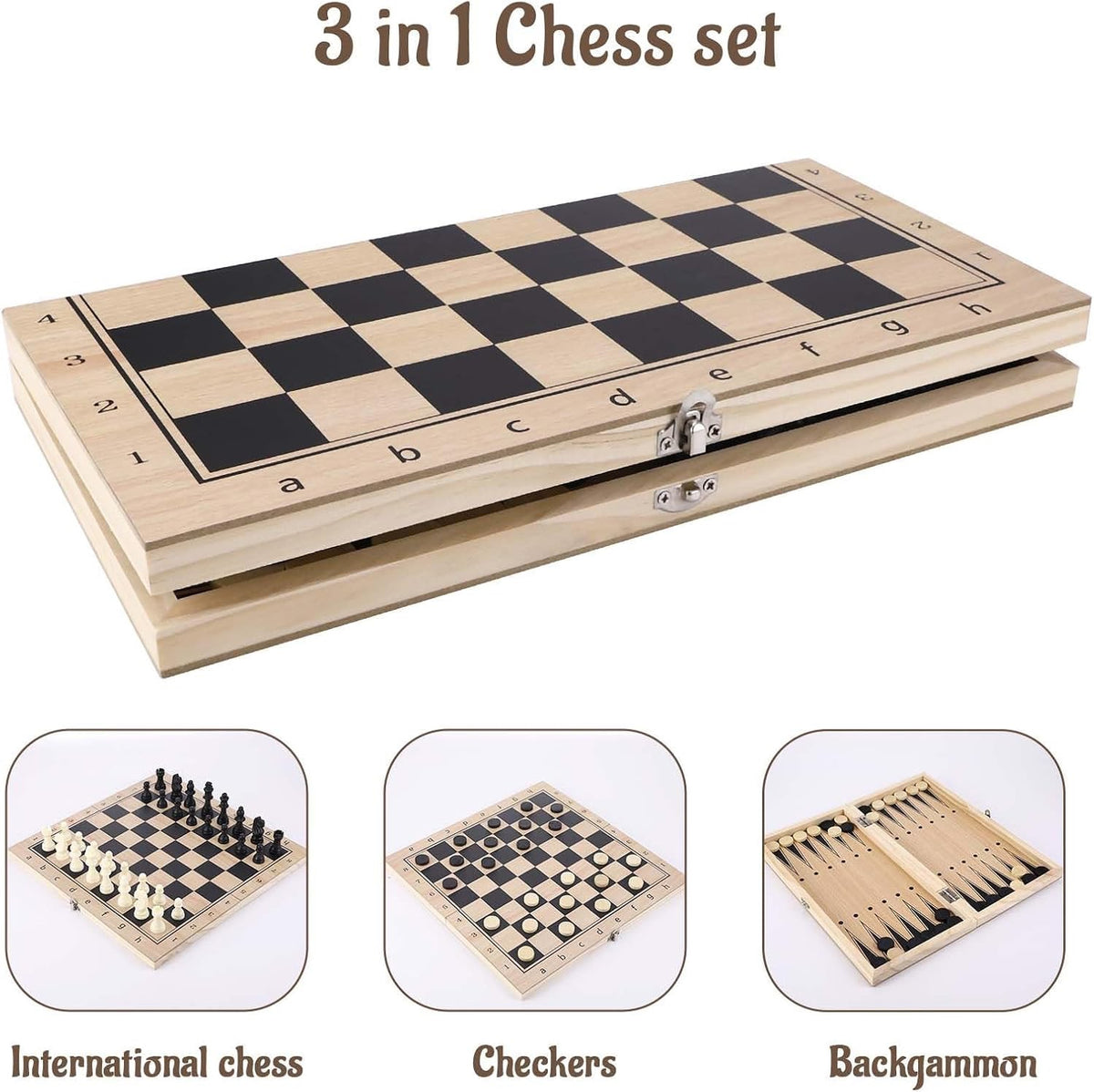 ENSEMBLE ÉCHECS 3-EN-1 EN BOIS – ÉCHECS ♟️ DAMES ⚪⚫ BACKGAMMON 🎲 ✨