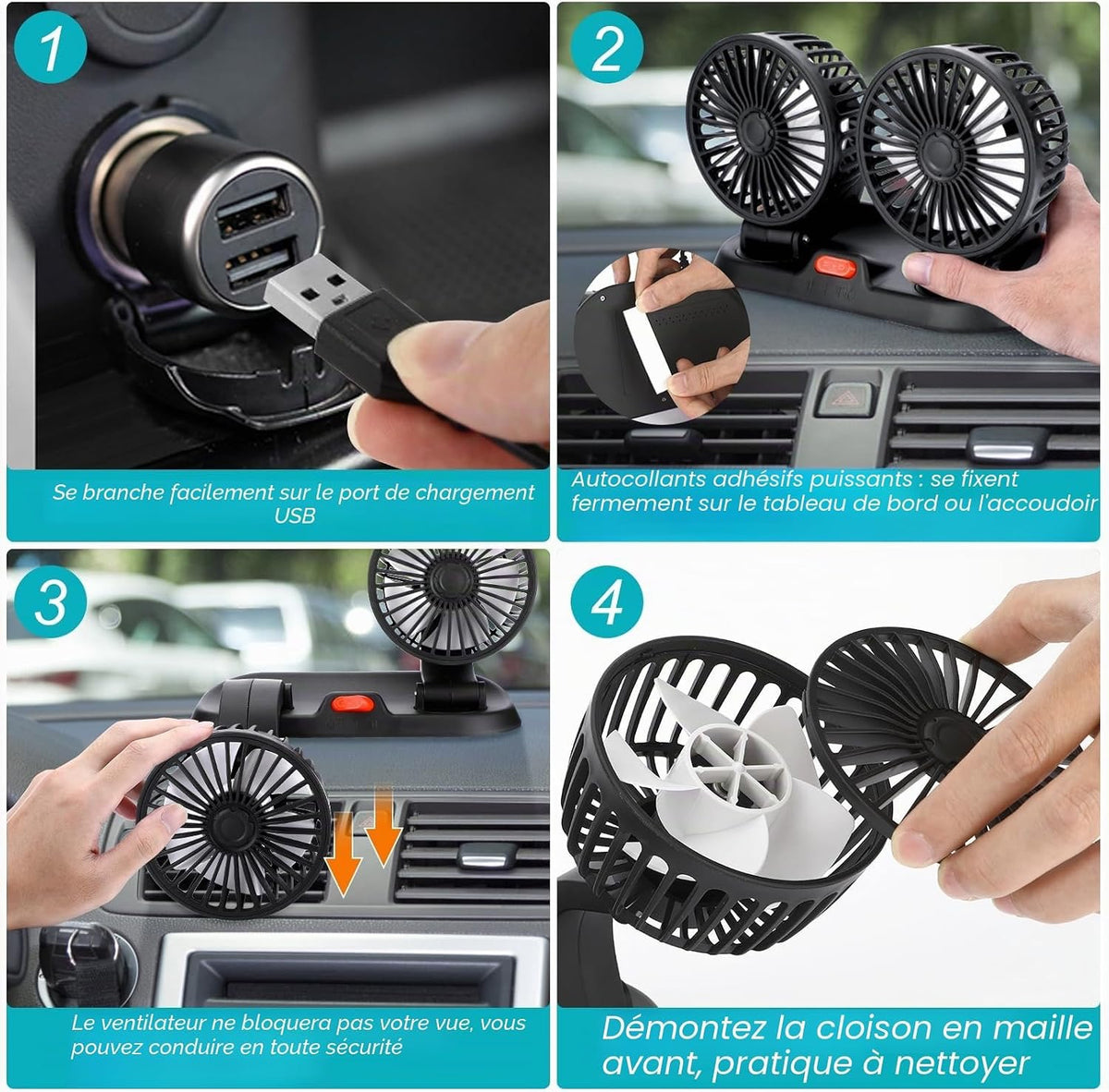 🌬️ Ventilateur USB Double Tête 5V – Voiture, Camping-car, Bureau &amp; Maison – Rotation 360° – 3 vitesses
