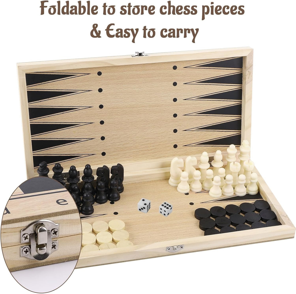 ENSEMBLE ÉCHECS 3-EN-1 EN BOIS – ÉCHECS ♟️ DAMES ⚪⚫ BACKGAMMON 🎲 ✨