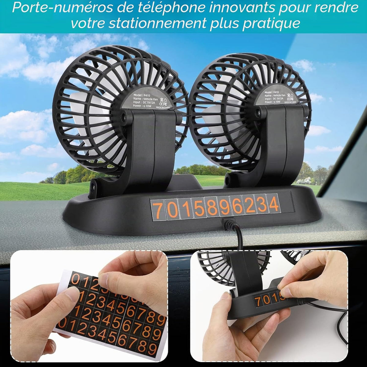 🌬️ Ventilateur USB Double Tête 5V – Voiture, Camping-car, Bureau &amp; Maison – Rotation 360° – 3 vitesses