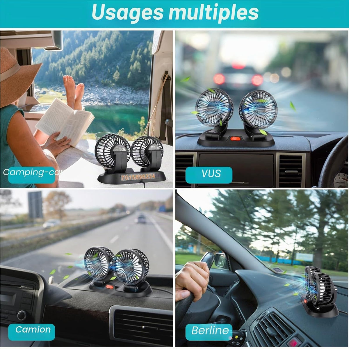 🌬️ Ventilateur USB Double Tête 5V – Voiture, Camping-car, Bureau &amp; Maison – Rotation 360° – 3 vitesses