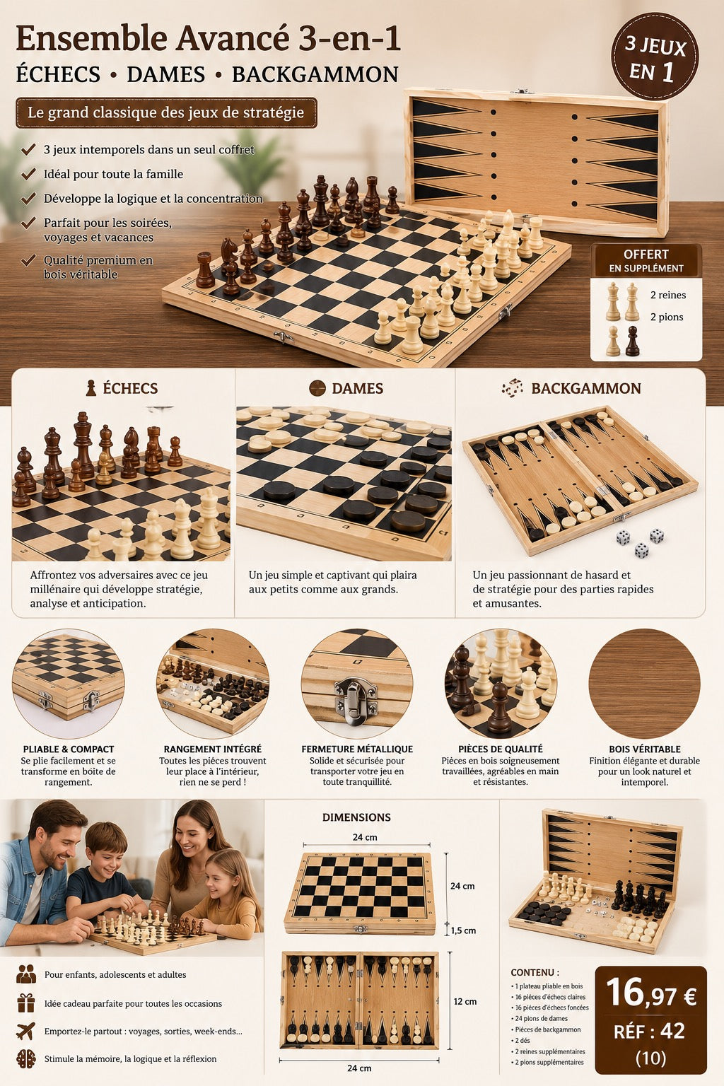 ENSEMBLE ÉCHECS 3-EN-1 EN BOIS – ÉCHECS ♟️ DAMES ⚪⚫ BACKGAMMON 🎲 ✨