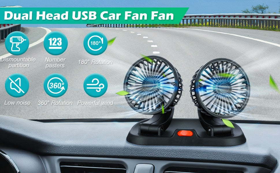 🌬️ Ventilateur USB Double Tête 5V – Voiture, Camping-car, Bureau &amp; Maison – Rotation 360° – 3 vitesses
