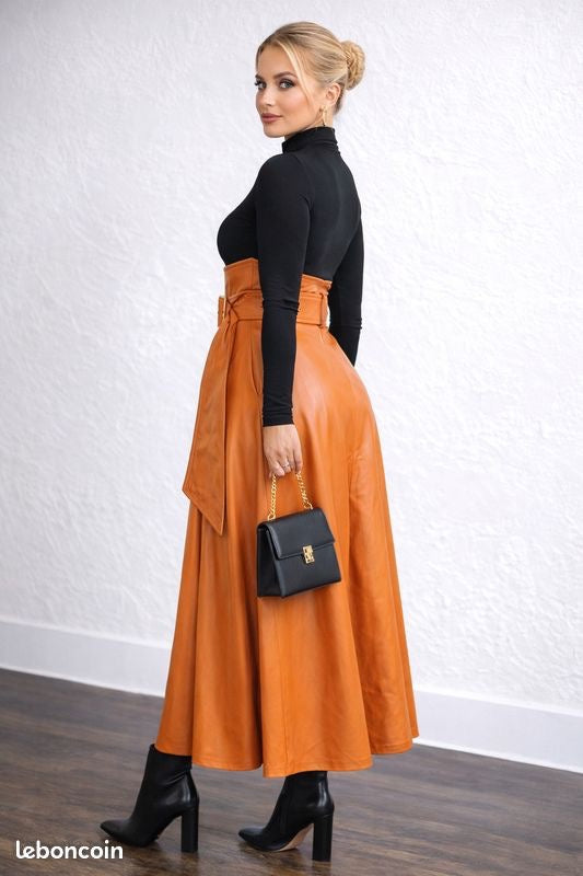 JUPE LONGUE SIMILICUIR  TAILLE HAUTE; ORANGE CHIC ✨