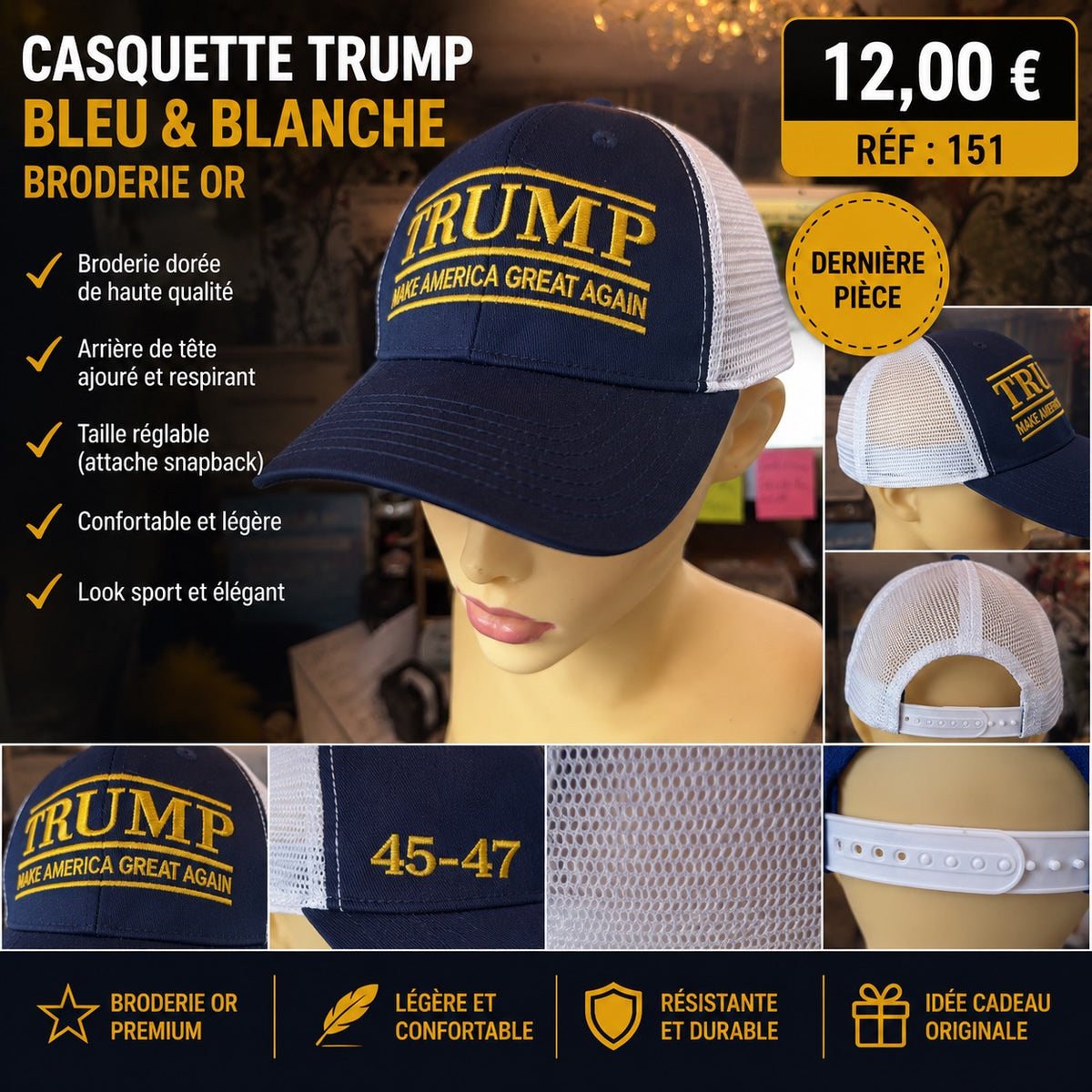 🧢 CASQUETTE TRUMP BLEU MARINE &amp; BLANCHE – ÉDITION BRODÉE PREMIUM