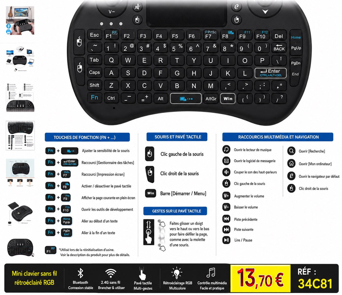 🌈 Mini clavier sans fil Bluetooth &amp; 2.4G avec pavé tactile – Rétroéclairage RGB – Android TV, PC, Smart TV