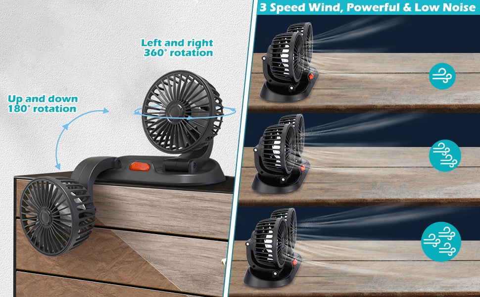 🌬️ Ventilateur USB Double Tête 5V – Voiture, Camping-car, Bureau &amp; Maison – Rotation 360° – 3 vitesses
