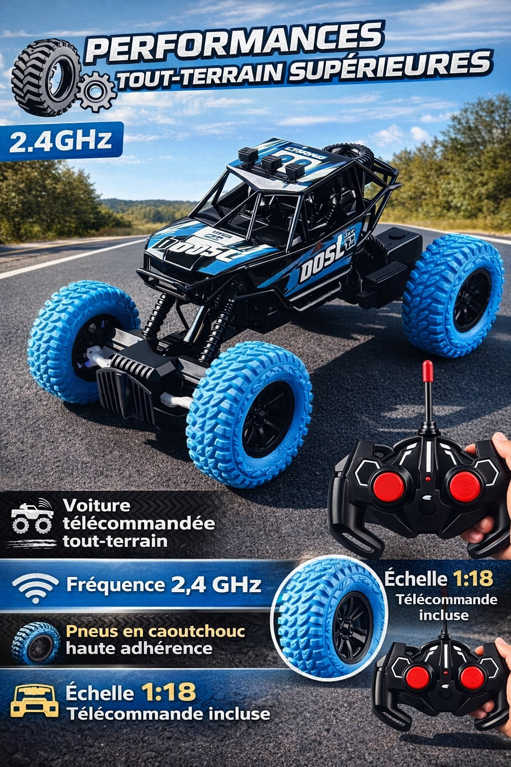 Voiture Radiocommandée Tout-Terrain Buggy RC - Recharge USB - 21 cm