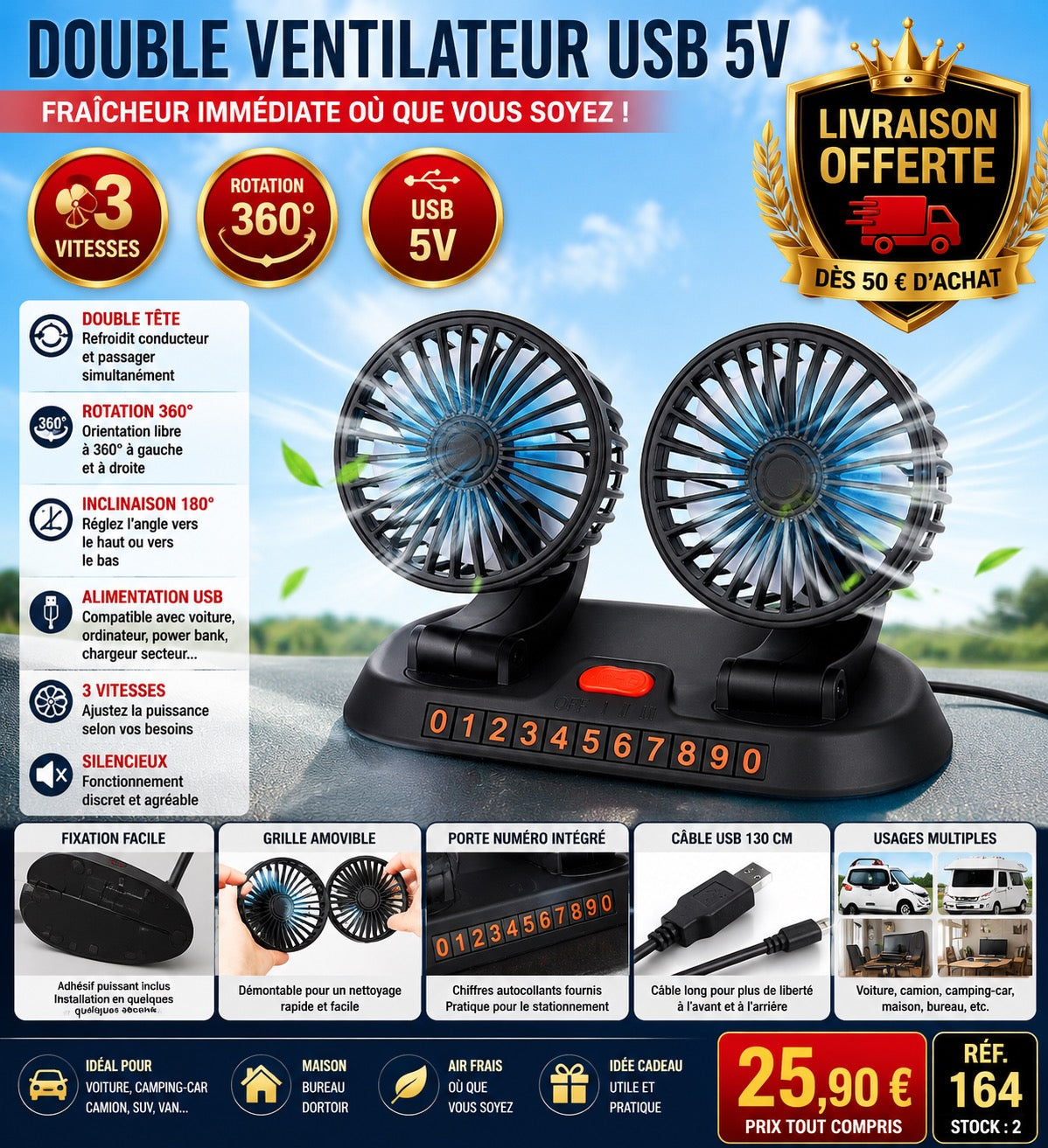🌬️ Ventilateur USB Double Tête 5V – Voiture, Camping-car, Bureau &amp; Maison – Rotation 360° – 3 vitesses