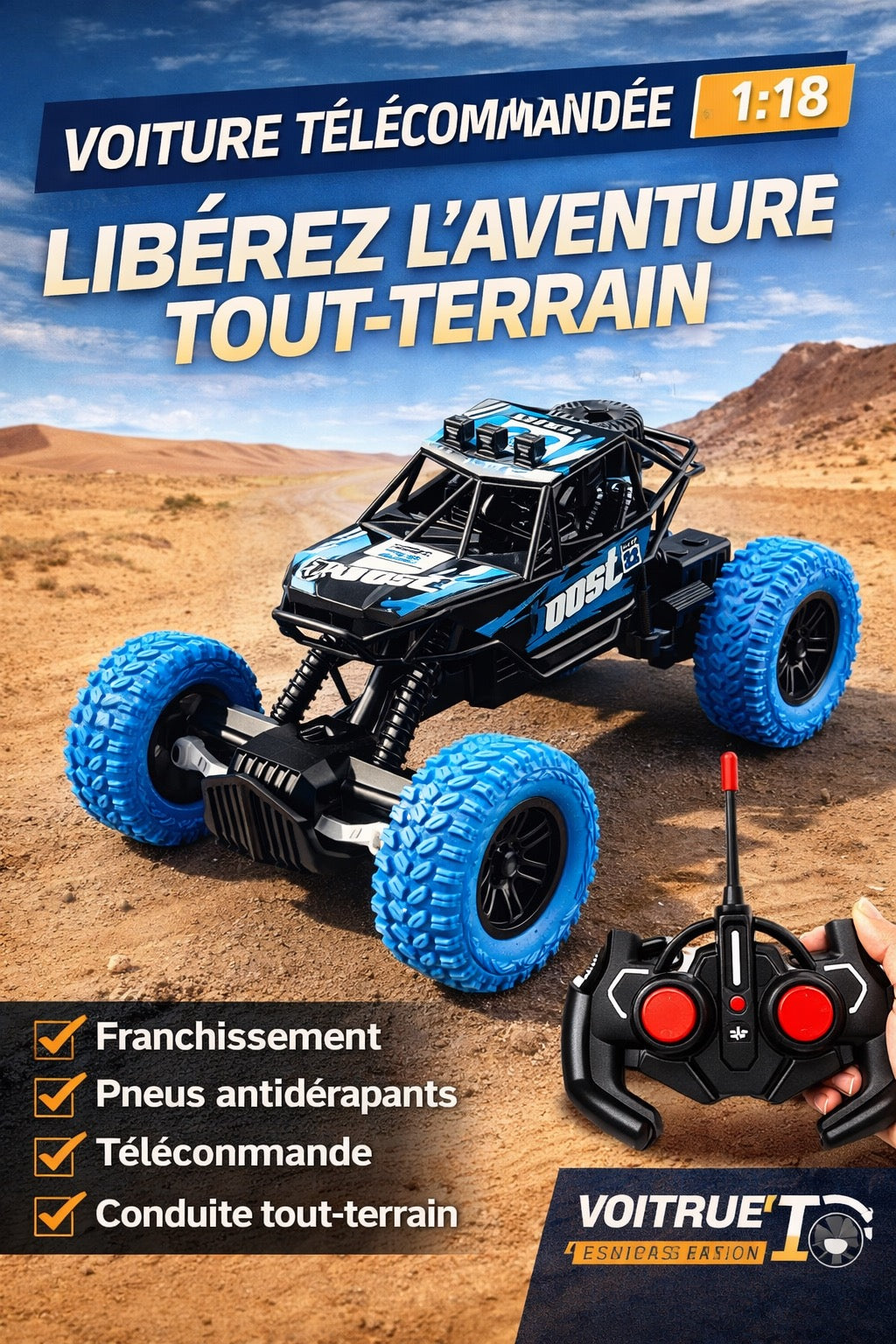 Voiture Radiocommandée Tout-Terrain Buggy RC - Recharge USB - 21 cm