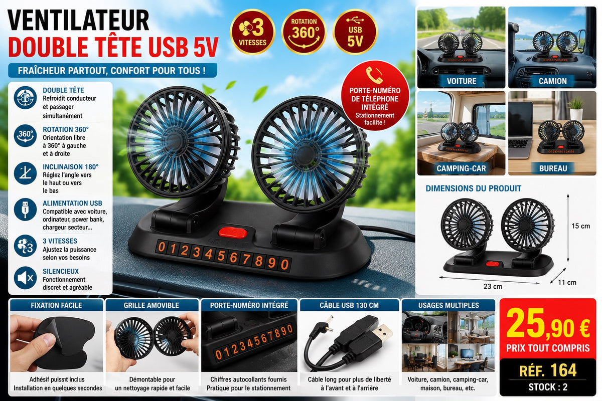 🌬️ Ventilateur USB Double Tête 5V – Voiture, Camping-car, Bureau &amp; Maison – Rotation 360° – 3 vitesses