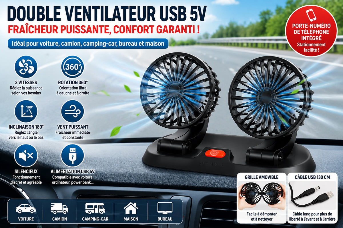 🌬️ Ventilateur USB Double Tête 5V – Voiture, Camping-car, Bureau &amp; Maison – Rotation 360° – 3 vitesses