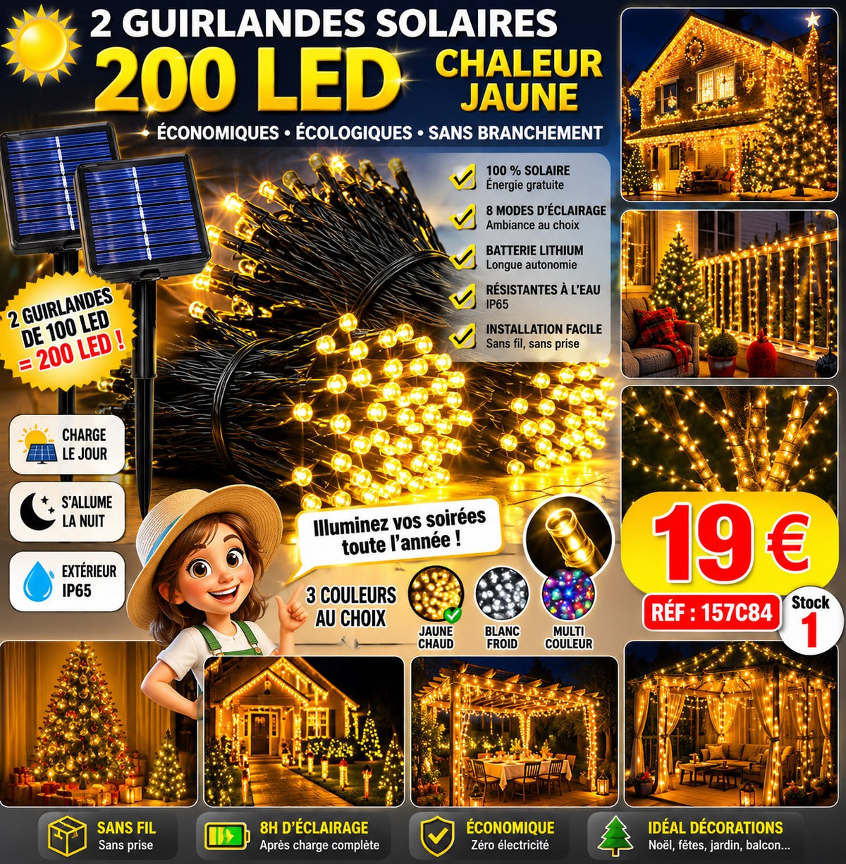 ✨ 2 GUIRLANDES SOLAIRES – 200 LED JAUNE CHAUD ✨