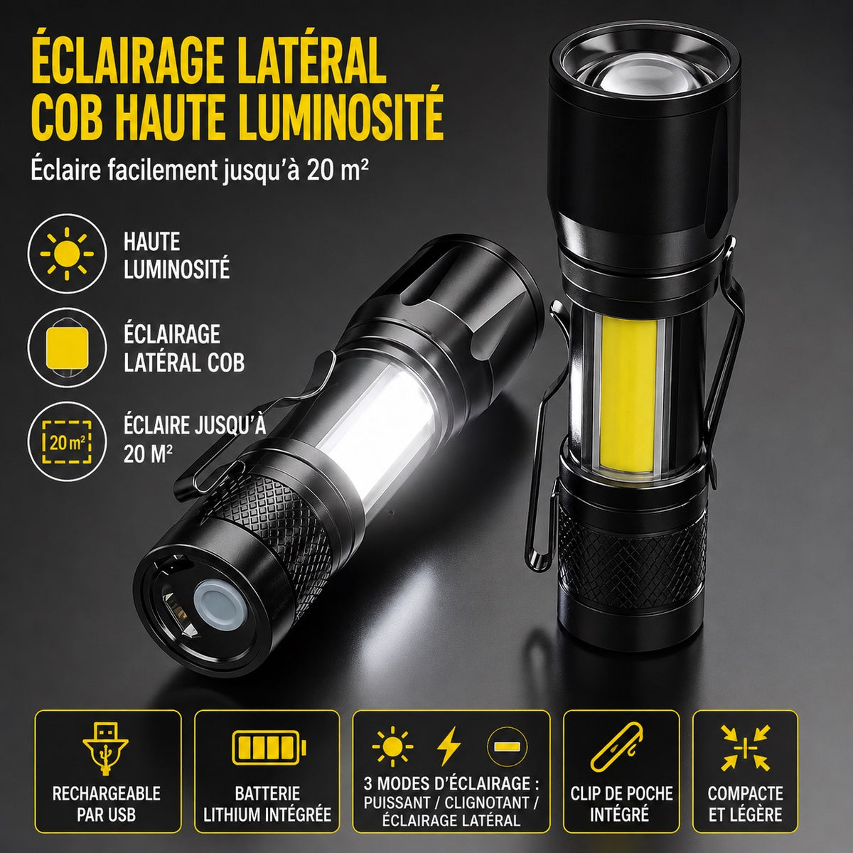 🔦 Lot de 2 Mini Lampes Torches LED Rechargeables USB – Zoom Télescopique – COB Haute Luminosité