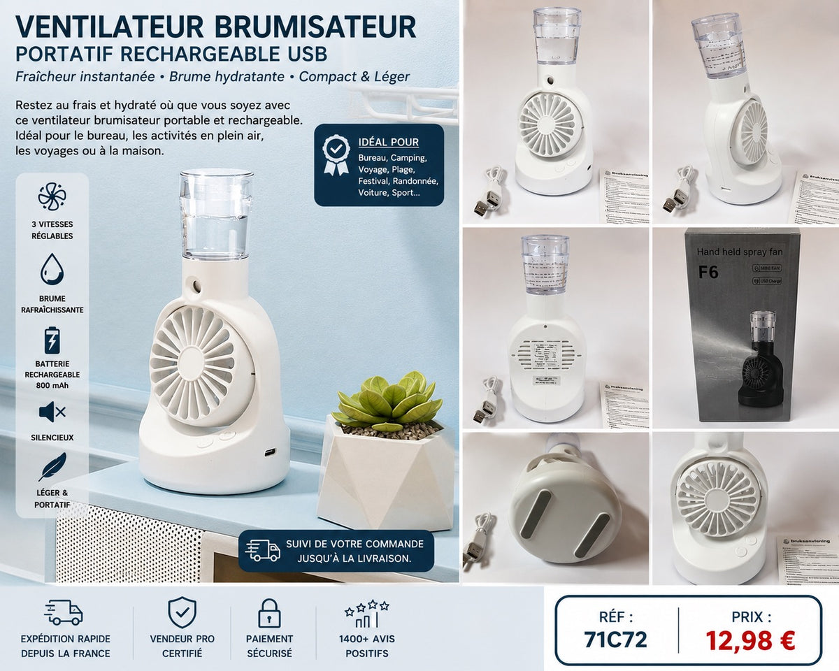 ✨ VENTILATEUR BRUMISATEUR PORTATIF F6 ✨