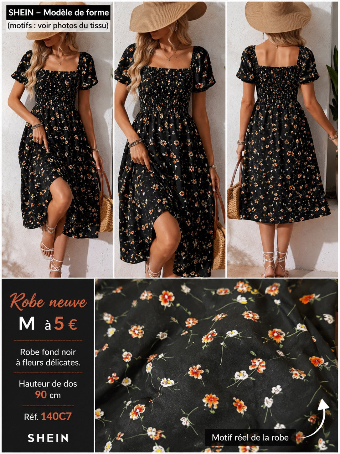 🌸 Robe SHEIN Fleurie Noire – Taille M – Neuve 🌸