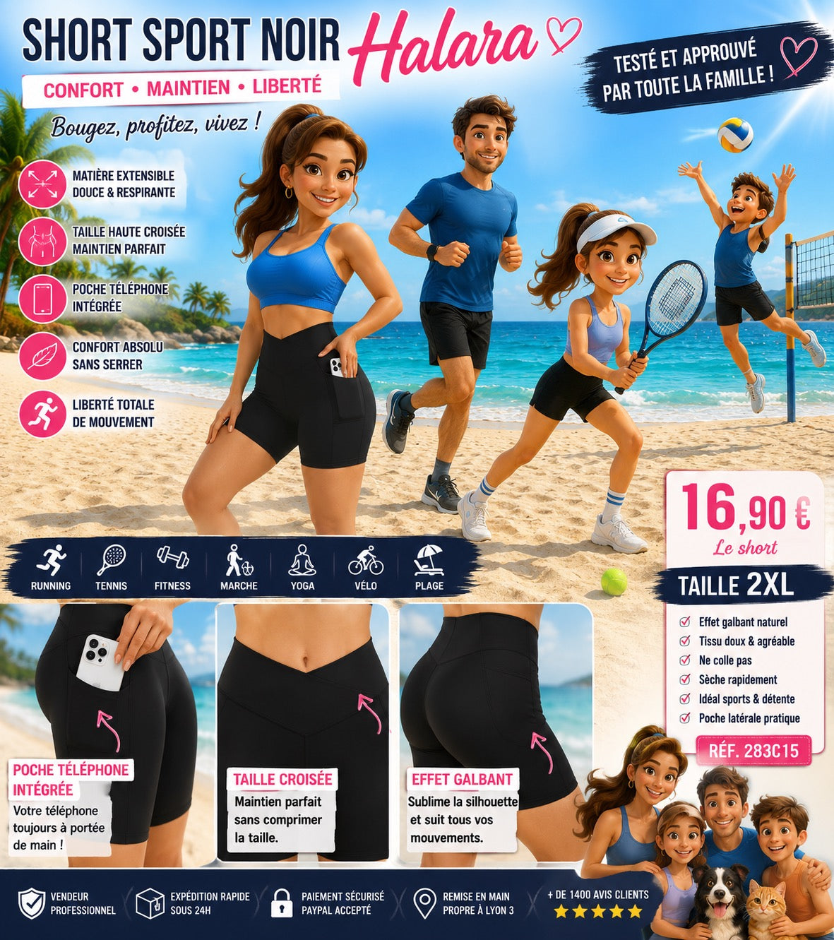 🖤 SHORT NOIR CONFORT FEMME – TAILLE 2XL