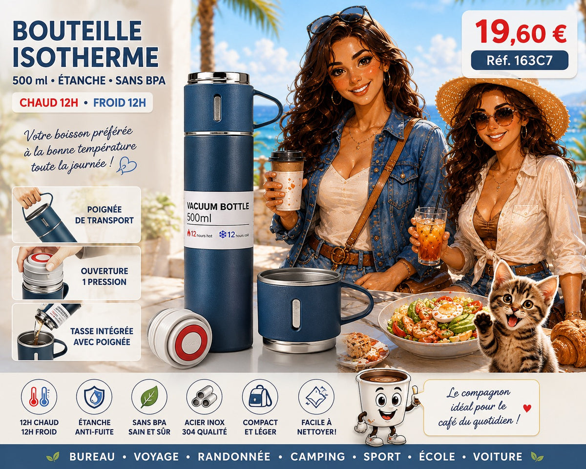☕ BOUTEILLE ISOTHERME PREMIUM 500 ML AVEC TASSE INTÉGRÉE