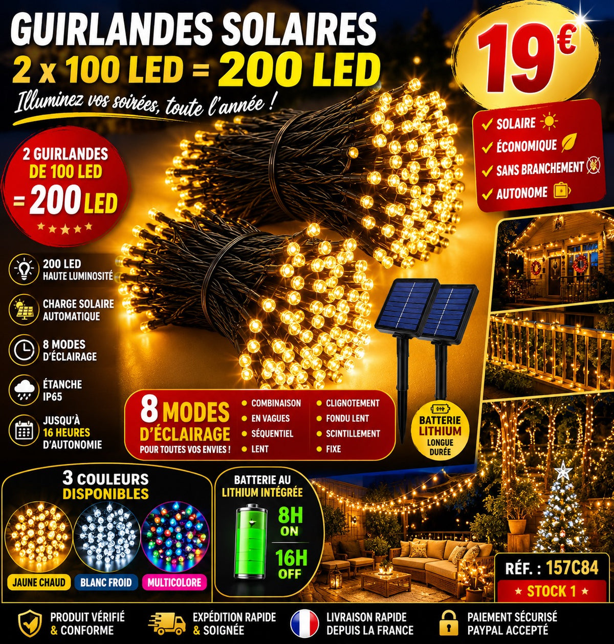 ✨ 2 GUIRLANDES SOLAIRES – 200 LED JAUNE CHAUD ✨