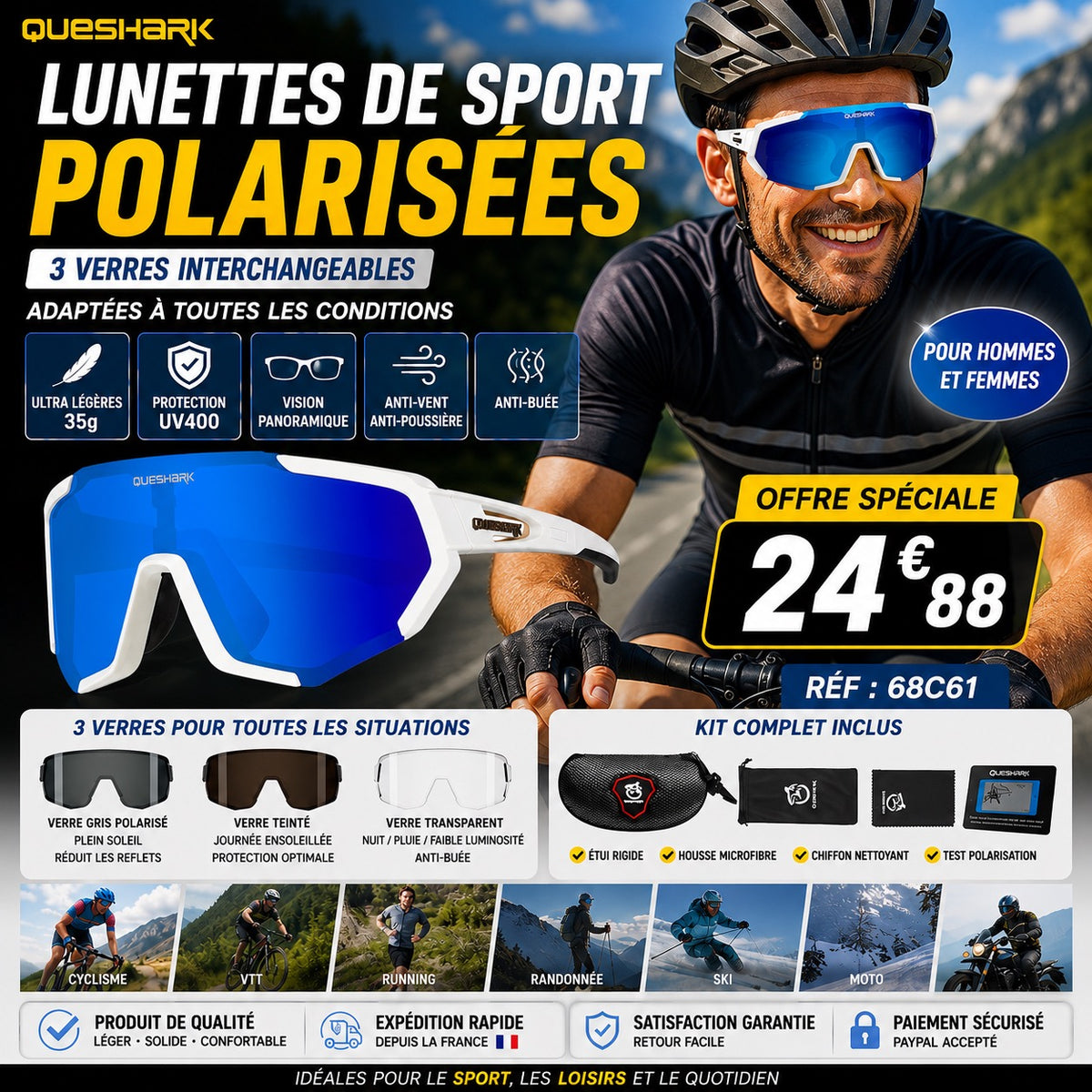 LUNETTES DE SPORT POLARISÉES QUESHARK – ULTRA LÉGÈRES & HAUTE PERFORMANCE ✨