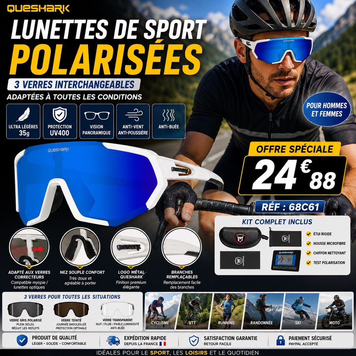 LUNETTES DE SPORT POLARISÉES QUESHARK – ULTRA LÉGÈRES & HAUTE PERFORMANCE ✨