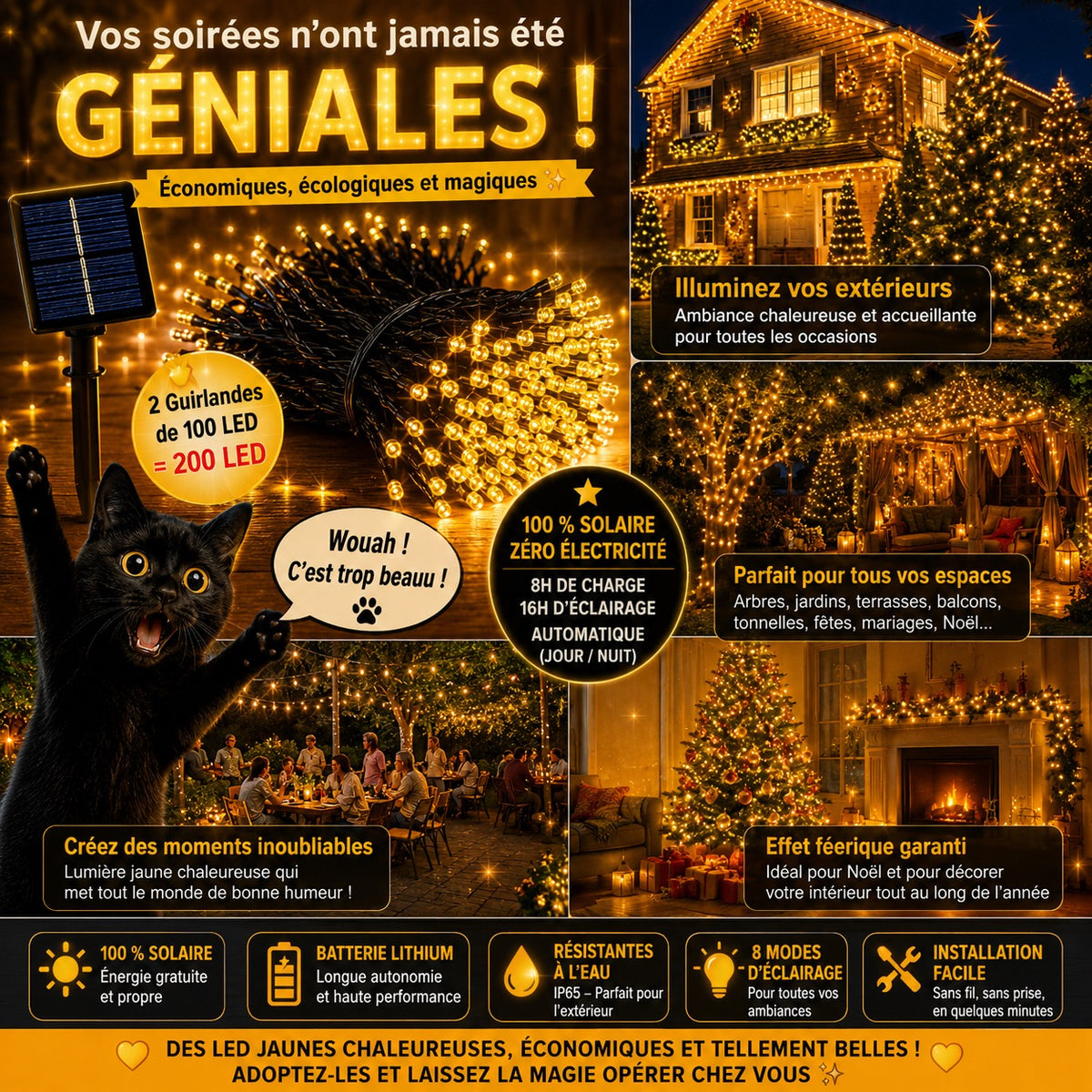✨ 2 GUIRLANDES SOLAIRES – 200 LED JAUNE CHAUD ✨