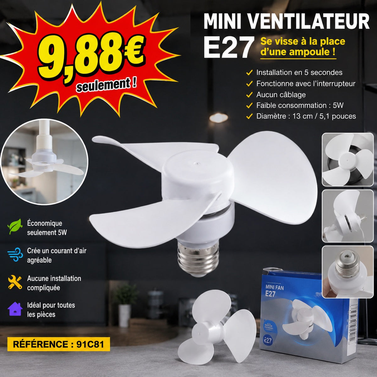 MINI VENTILATEUR E27 À VISSER