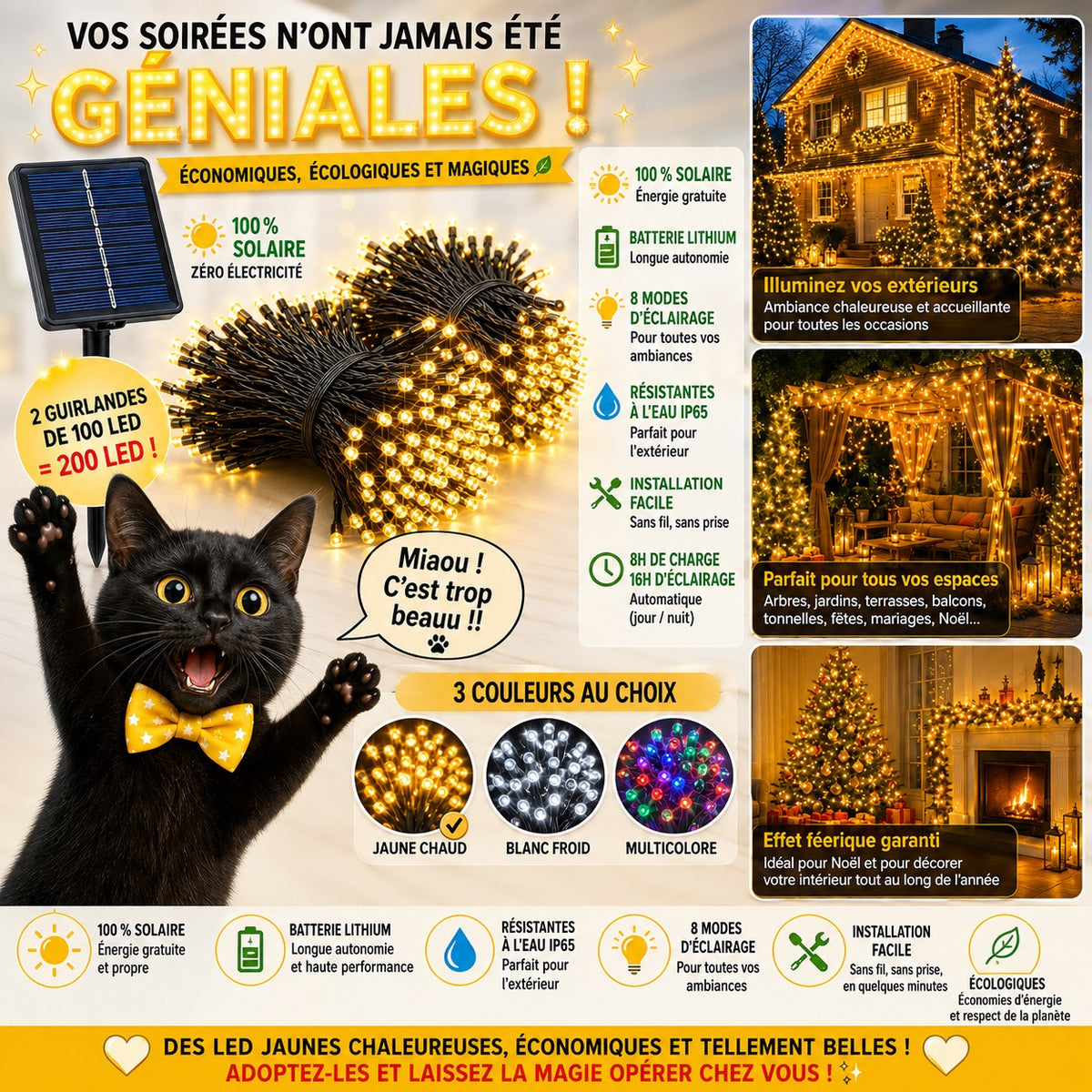 ✨ 2 GUIRLANDES SOLAIRES – 200 LED JAUNE CHAUD ✨