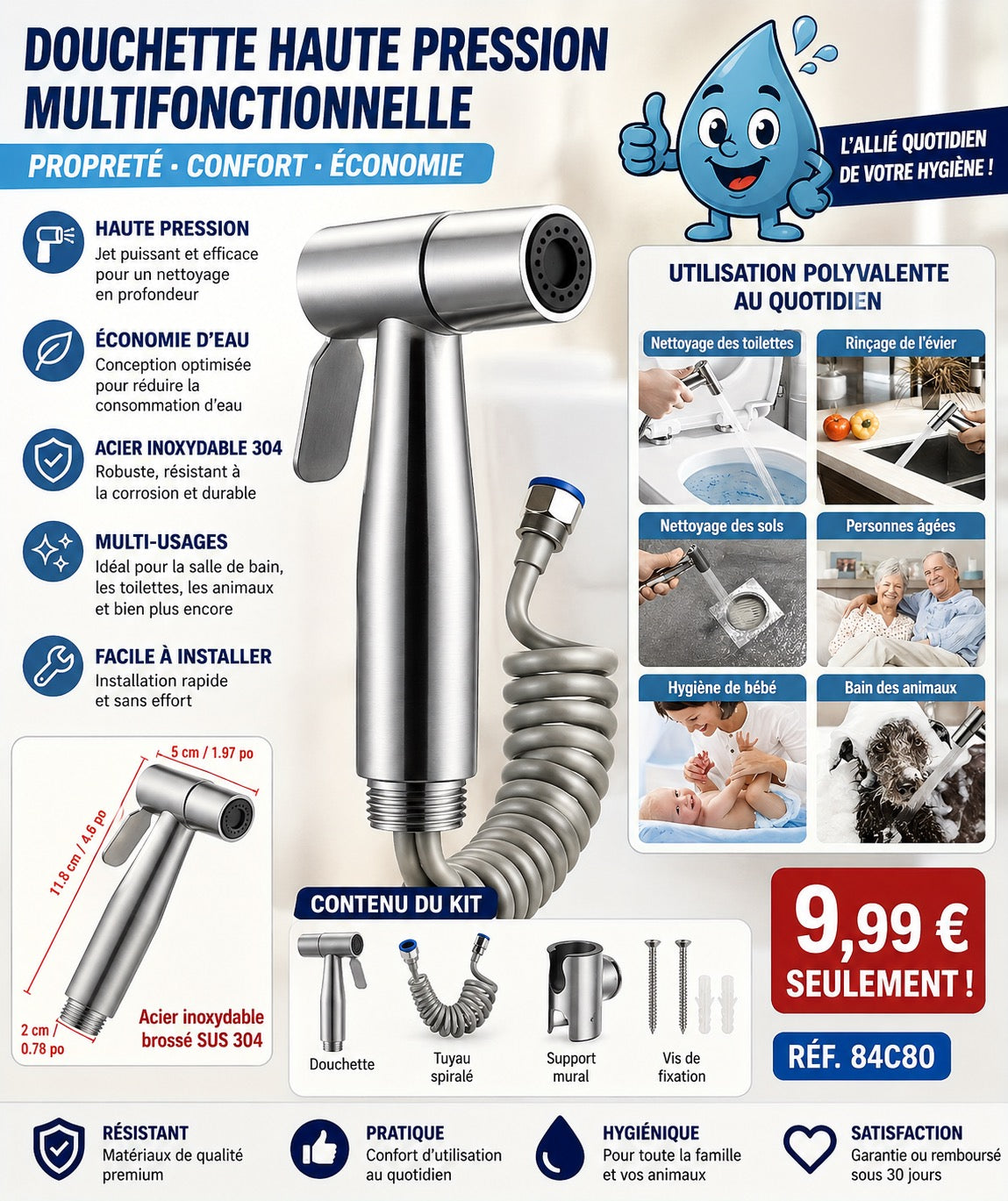 ✨ KIT DOUCHETTE WC / DOUCHE HAUTE PRESSION EN ACIER INOXYDABLE ✨