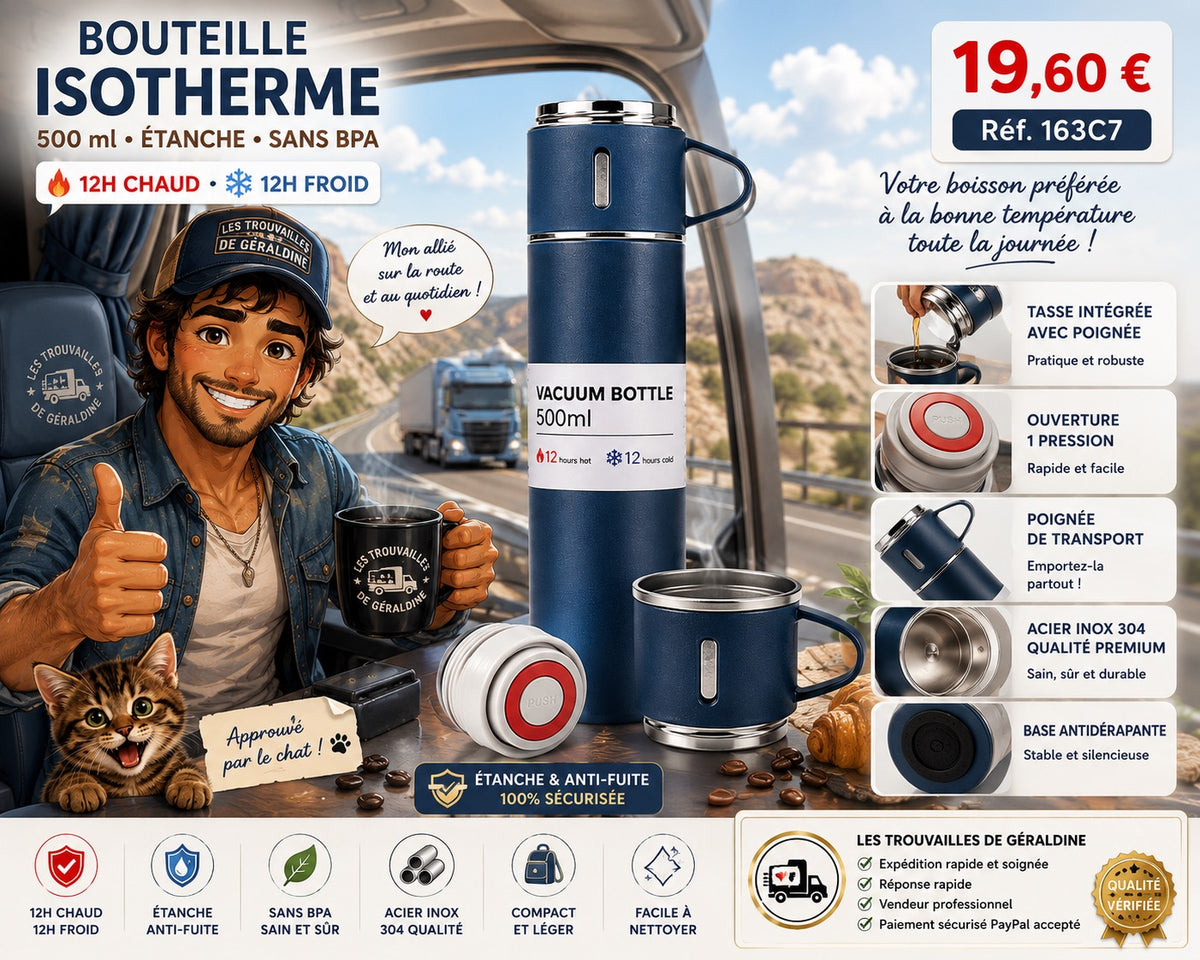 ☕ BOUTEILLE ISOTHERME PREMIUM 500 ML AVEC TASSE INTÉGRÉE