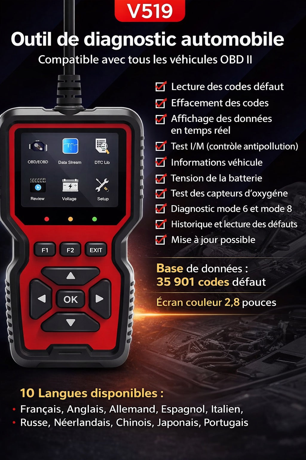 🔧 🚗 Auto-Diagnosescanner OBD2 V519 – Mehrmarken – Farbdisplay