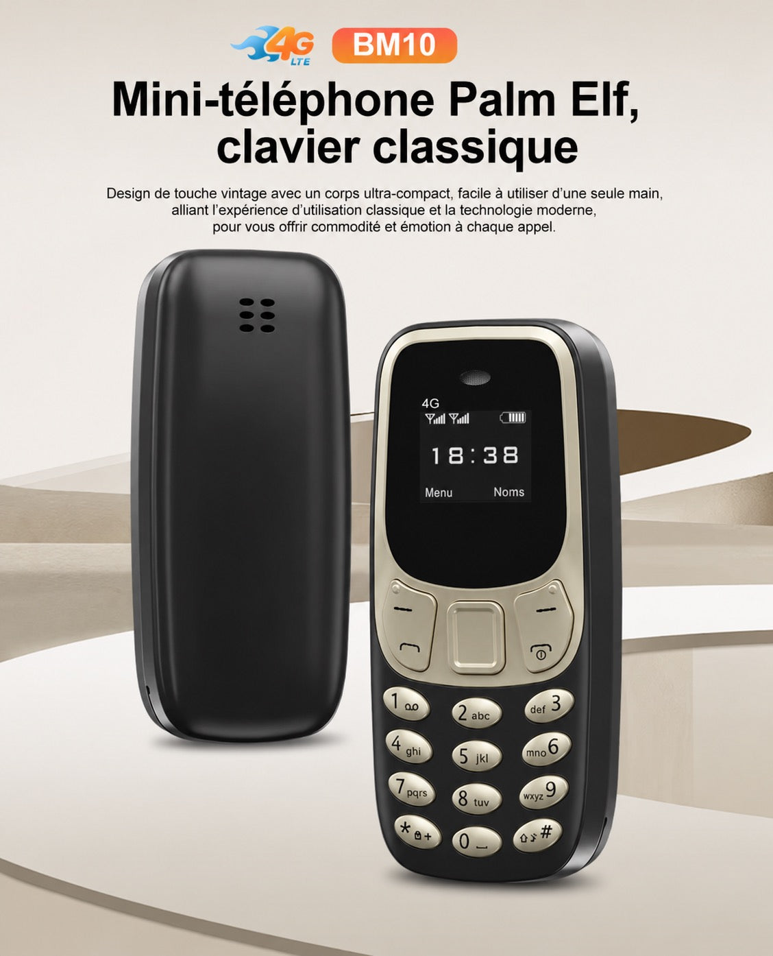 📱 Mini téléphone 4G BM10 Noir & Or – Ultra compact – Double SIM – USB-C – Le téléphone qui se glisse partout !