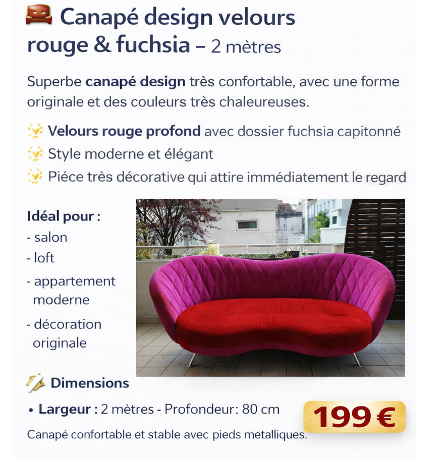 Canapé design velours rouge / fuchsia 2 m – style moderne