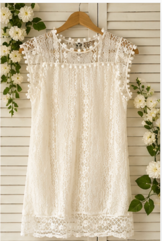 🤍 PETITE ROBE BOHÈME BLANCHE EN DENTELLE &  POMPONS 🤍