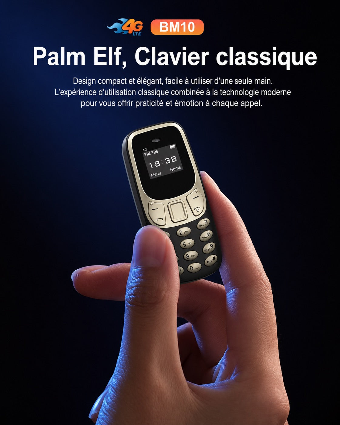 📱 Mini téléphone 4G BM10 Noir & Or – Ultra compact – Double SIM – USB-C – Le téléphone qui se glisse partout !