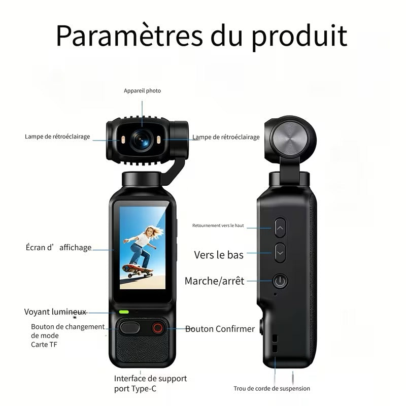 📹 CAMÉRA DE POCHE 4K – OBJECTIF ROTATIF 180°/90° – ÉCRAN HD – ULTRA COMPACTE