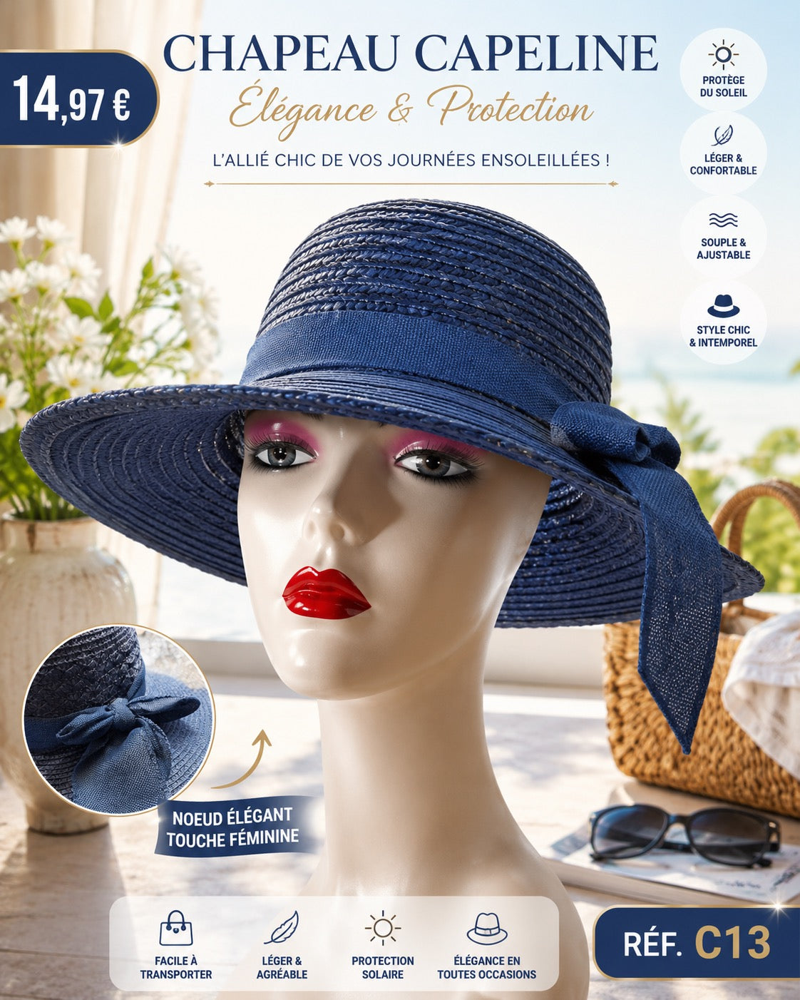 🌞 CHAPEAU CAPELINE BLEU MARINE – ÉLÉGANCE, CHARME & PROTECTION AU QUOTIDIEN