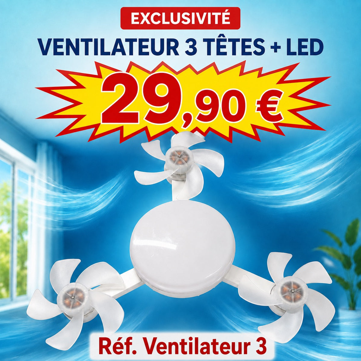 Ventilateur plafonnier LED E27 F3+ – 3 moteurs – 3 têtes orientables