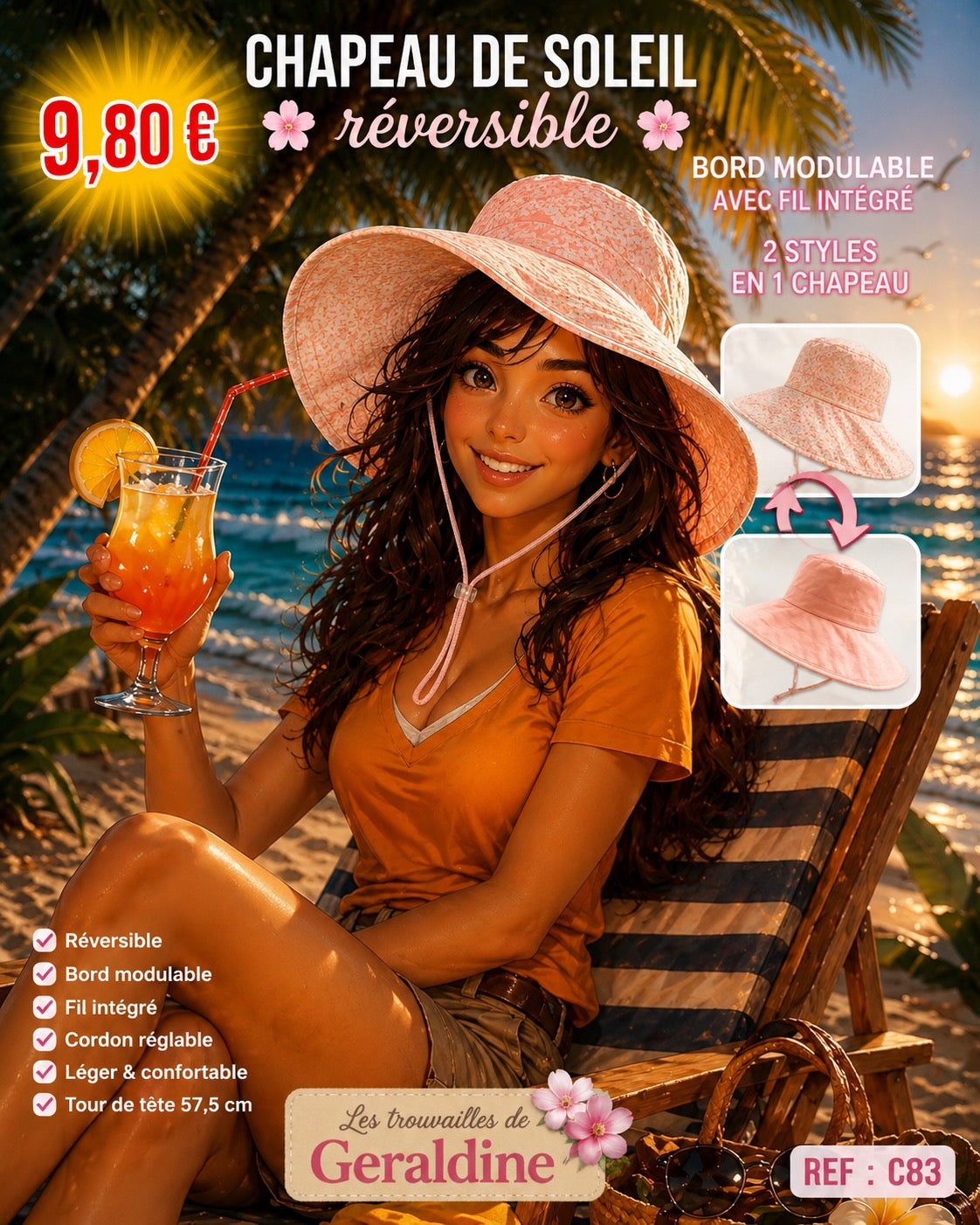 🌸 Chapeau de soleil réversible Kenmont – Bord modulable avec fil intégré