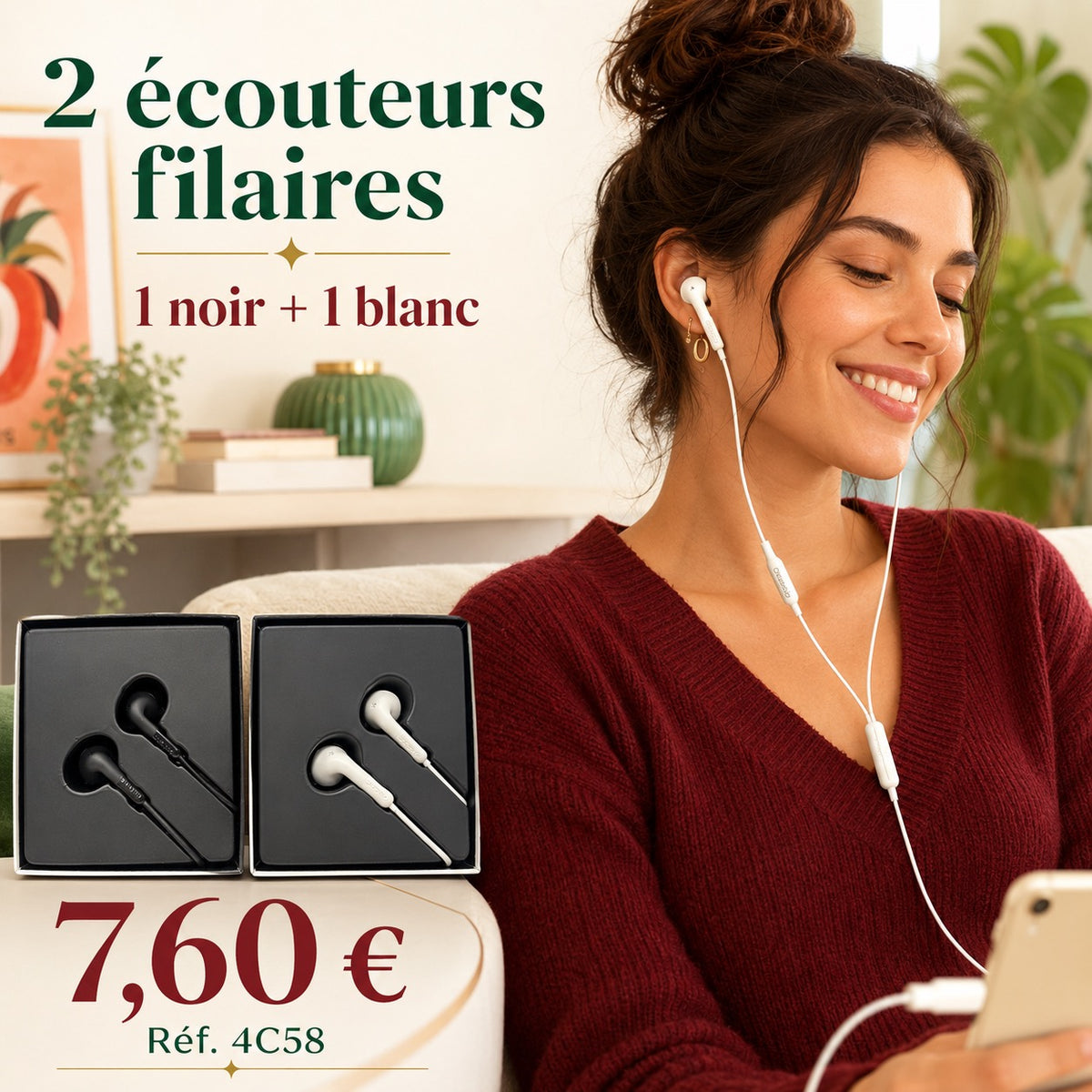 Lot de 2 écouteurs filaires avec microphone – noir + blanc