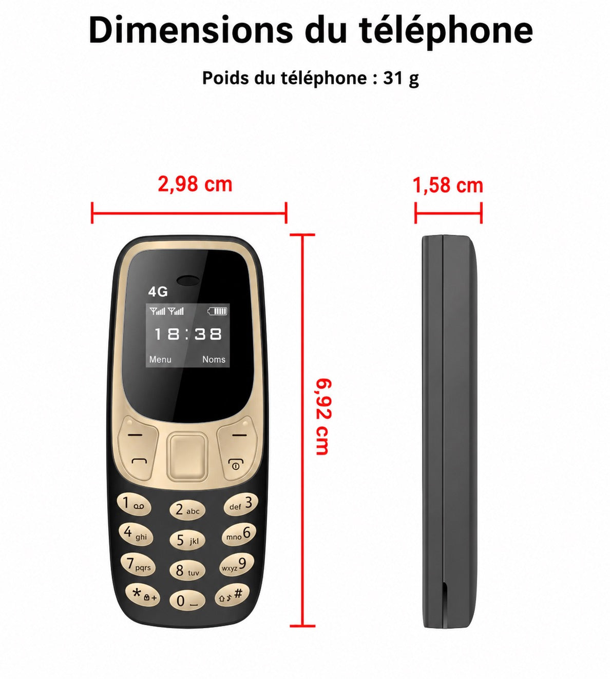 📱 Mini téléphone 4G BM10 Noir & Or – Ultra compact – Double SIM – USB-C – Le téléphone qui se glisse partout !