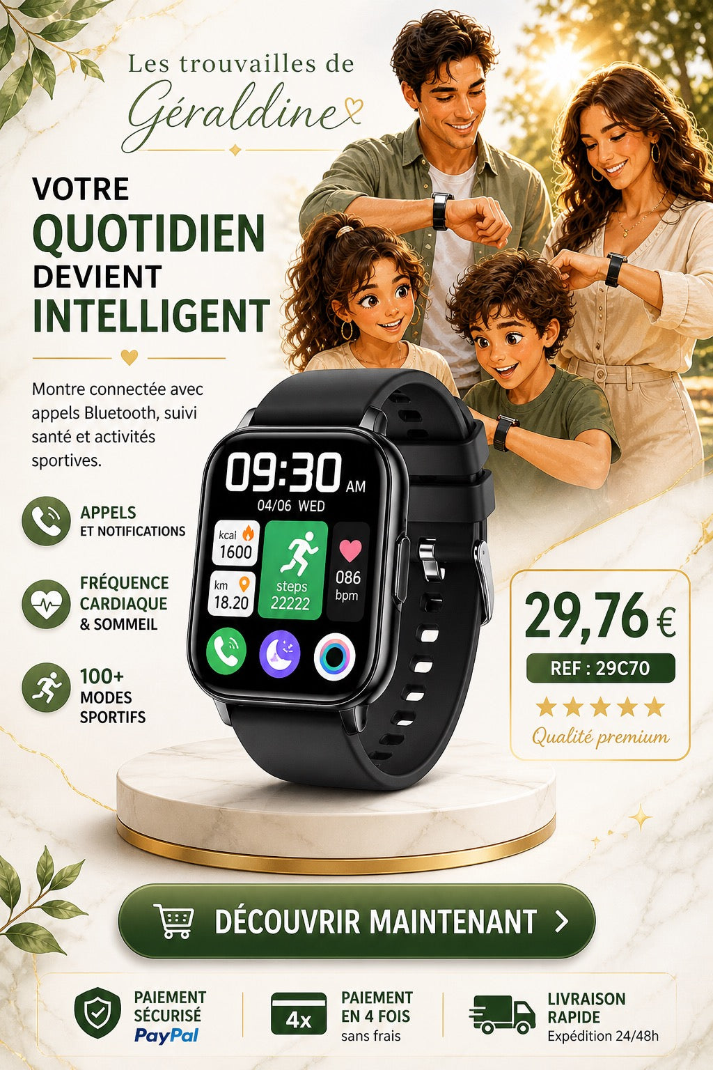 MONTRE CONNECTÉE BLUETOOTH P66 – APPELS SANTÉ –