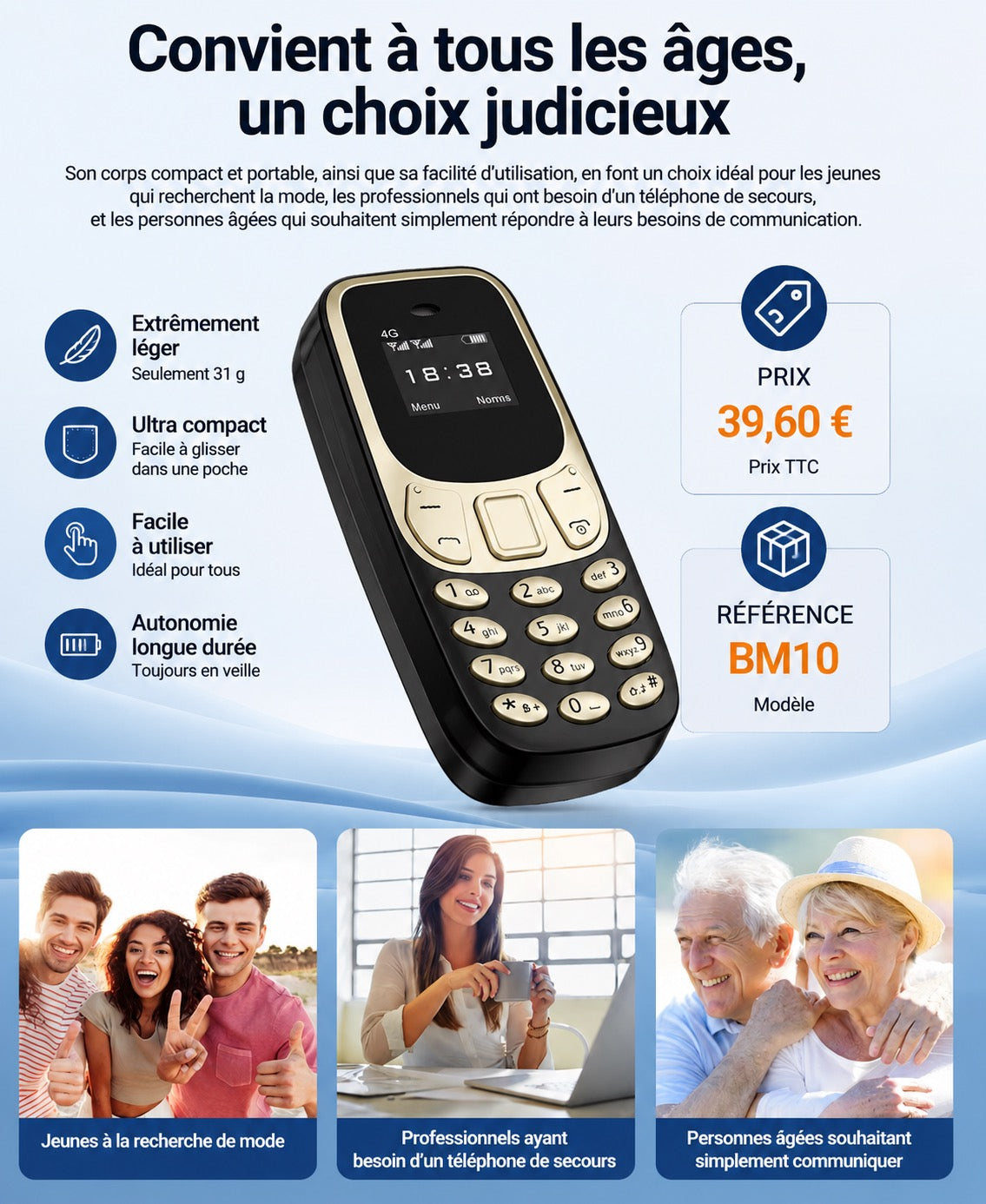 📱 Mini téléphone 4G BM10 Noir & Or – Ultra compact – Double SIM – USB-C – Le téléphone qui se glisse partout !