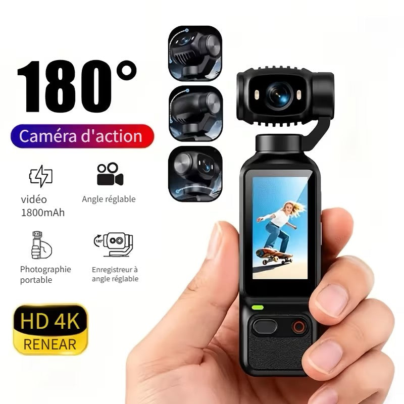 📹 CAMÉRA DE POCHE 4K – OBJECTIF ROTATIF 180°/90° – ÉCRAN HD – ULTRA COMPACTE