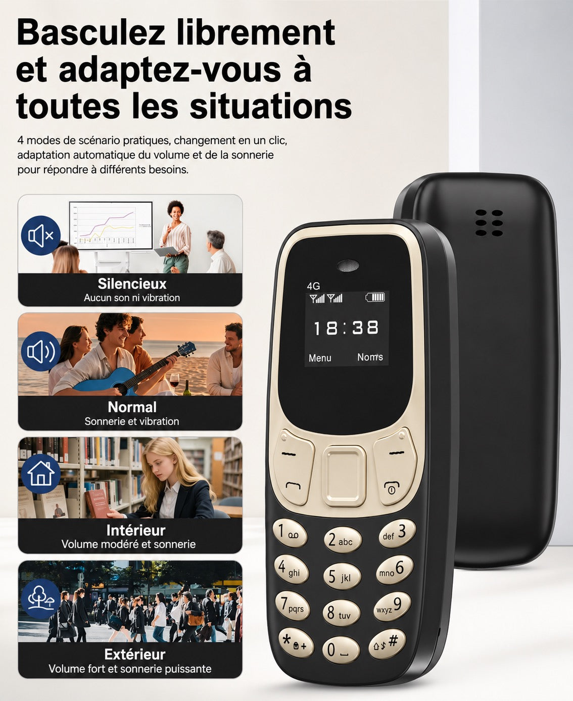 📱 Mini téléphone 4G BM10 Noir & Or – Ultra compact – Double SIM – USB-C – Le téléphone qui se glisse partout !
