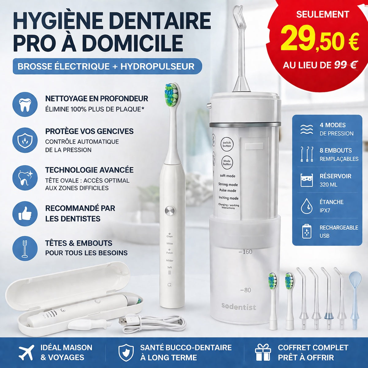 Kit hydropulseur + brosse électrique – nettoyage dentaire pro – neuf